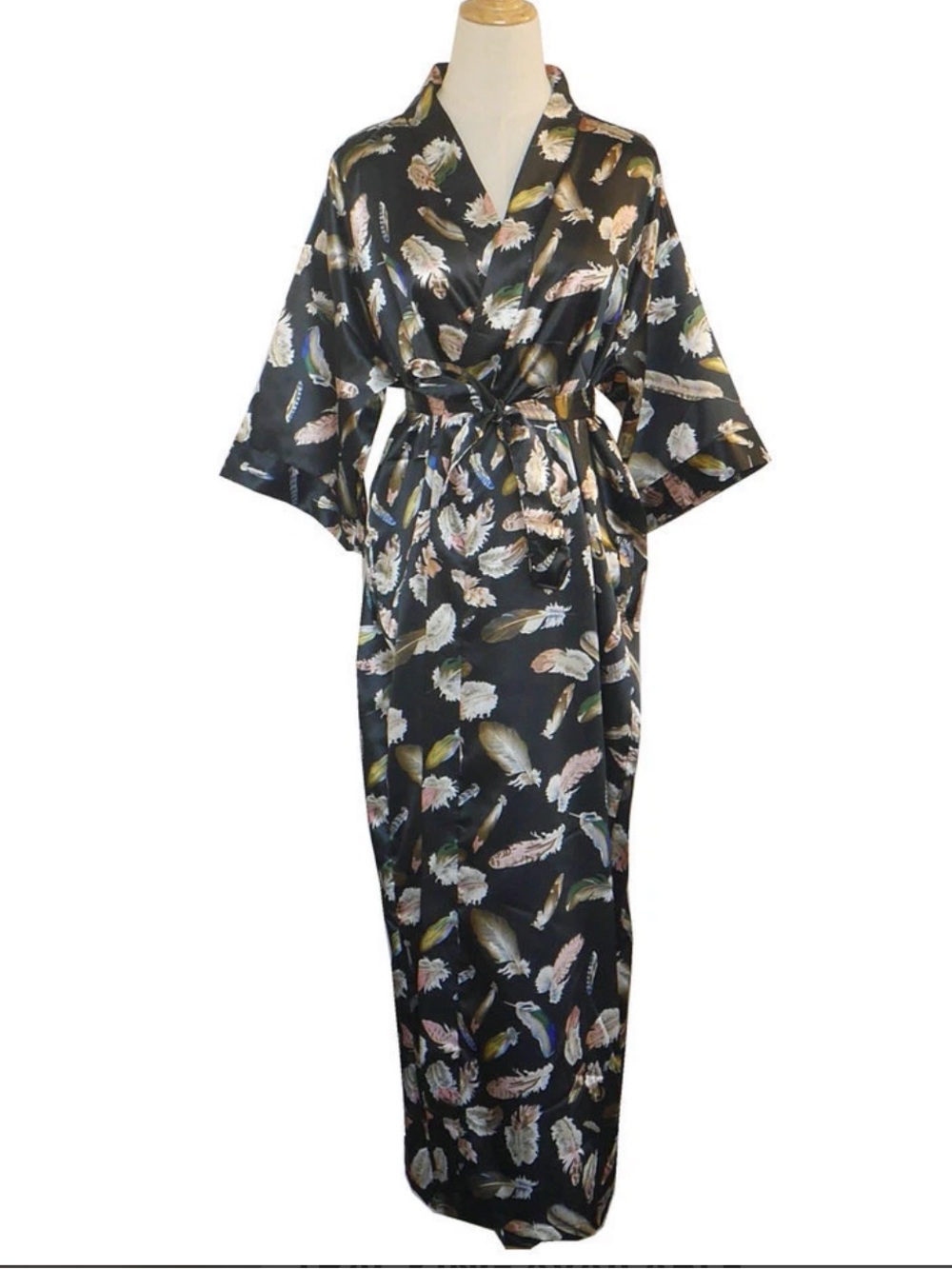 Satin Floral Feather Print Kimono Robe - Black